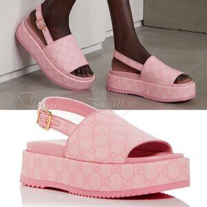 NEW GUCCI Angelina GG Pink Supreme Canvas Slingback Platform Sandals EU 39.5